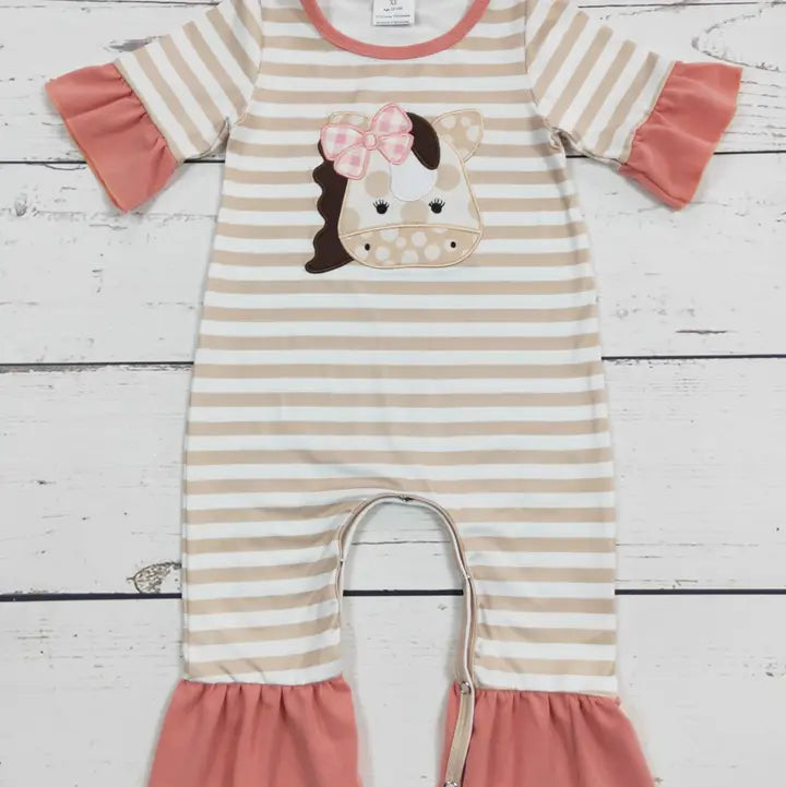 Girl's Baby Cow Applique Stripe Romper
