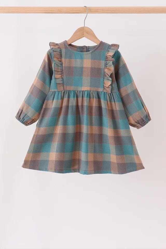 Teal Plaid Ruffle Dress