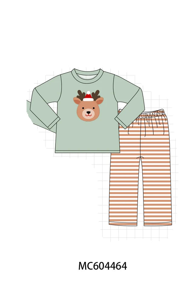Sage Reindeer Applique Stripe Pants Set